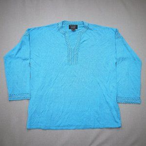 Ellen Tracy Bloomingdales Knit Top Sweater Blue Large Crochet Trim Linen